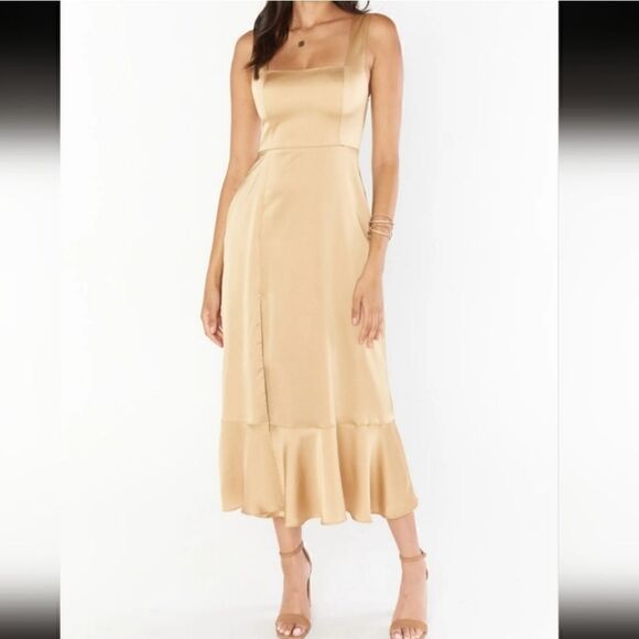 Show Me Your Mumu "Claire" champagne gold satin midi dress with bottom ruffle, l - Picture 1 of 12